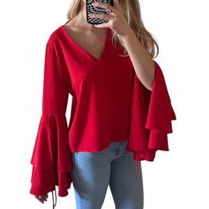 Elegant Red V-Neck Ruffle Sleeve Top